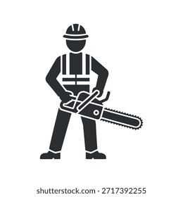 Una representación siluetada de un trabajador de la construcción operando de forma segura una motosierra que destaca el equipo de seguridad y el equipo para el trabajo forestal de alta calidad