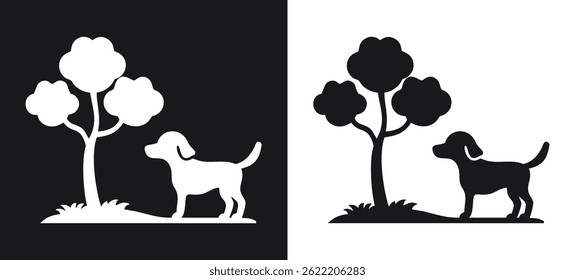 Silhouetted dog in a park setting near a tree concept for nature and pet themes.