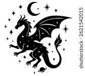 : Silhouetted dragon with wings surrounded by stars, moon and planet, mystical space fantasy style, black and white vector illustration.