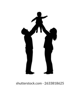 A silhouetted family, parents lifting a baby up in the air, celebrating a moment.