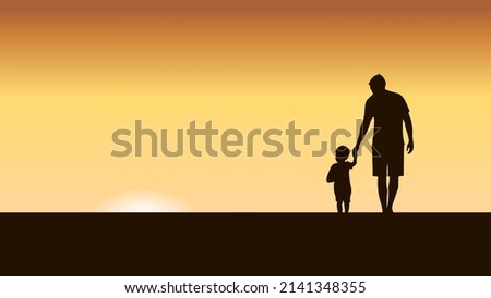 Silhouetted father and son side by side walking isolated on twilight background flat illustration vector.