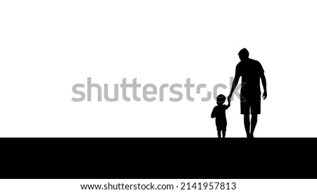 Silhouetted father and son side by side walking isolated on white background flat illustration vector.
