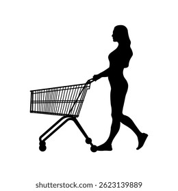 Silhouetted Female Figure Holding and Pushing a Trolley