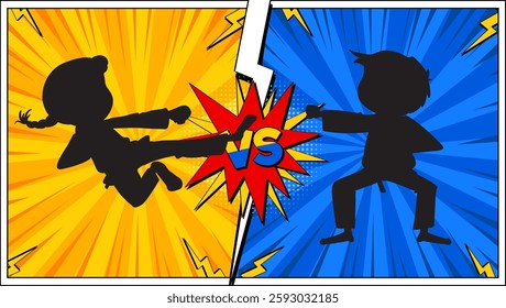 Silhouetted fighters in a vibrant comic style