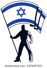 Figura de color rojo sosteniendo la bandera israelí en alto, sobre fondo blanco, mostrando el orgullo nacional y la fuerza en un diseño de estilo vintage.