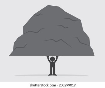 Silhouetted figure lifting a large heavy rock  