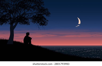 Silhouetted figure sits atop hill, gazing at twilight. Crescent moon glows softly above distant city lights. Tree stands tall beside the lone human, framing the scene