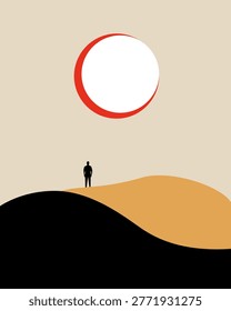 Silhouetted figure stands alone on a dark dune. Large red-rimmed sun hangs low in beige sky. Contemplative mood evokes solitude and scale. Ideal for themes of journey, introspection, or isolation