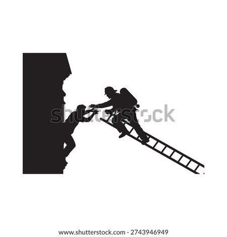 Silhouetted figures assist another climbing a ladder against a wall