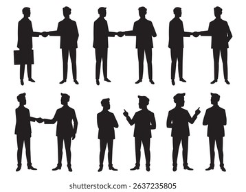 Silhouetted figures in business attire some shaking hands