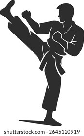 Silhouetted figures demonstrate karate stances and kicks, showcasing martial arts techniques.