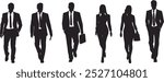 Silhouetted figures of five professionals in business attire walking confidently across a white backdrop
