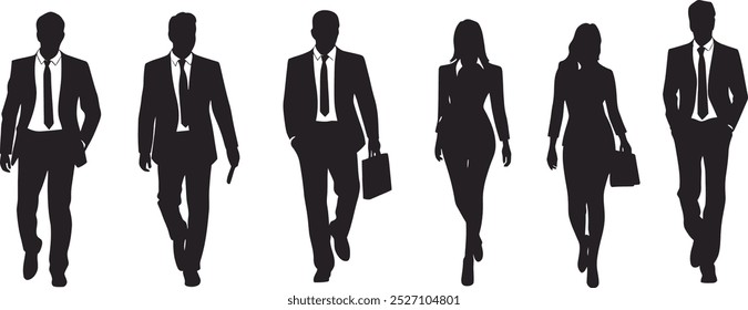 Silhouetted figures of five professionals in business attire walking confidently across a white backdrop