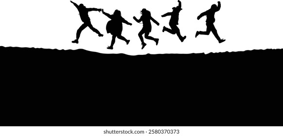 Silhouetted figures joyfully leap across a stark white background, their dynamic poses creating a sense of carefree energy.