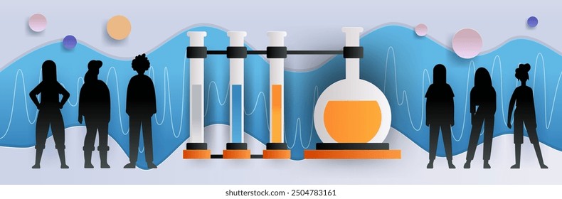 Silhouetted figures and lab equipment science theme. Abstract background with test tubes flasks blue waveforms and colorful circles. Papercut style