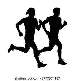 Silhouetted figures of a man and woman energetically running, showcasing athletic prowess.