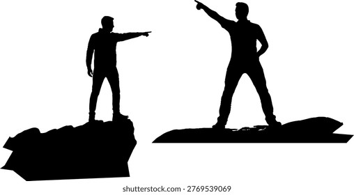 Silhouetted figures pointing and standing on rocky terrain dramatic composition