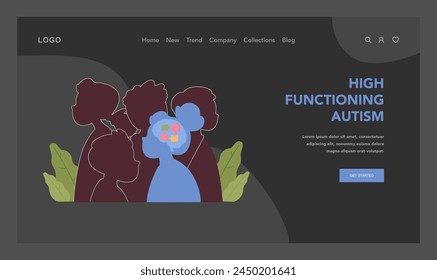 Silhouetted figures with a puzzle motif in the brain area depict the complexity and diversity of high-functioning autism. Flat vector illustration