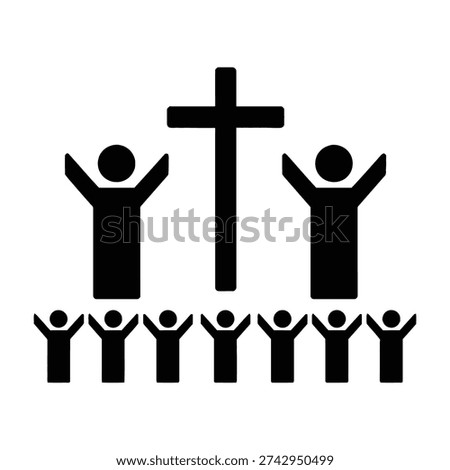 Silhouetted figures raising arms in unity beneath a central cross symbolizing faith and devotion within a minimalist black and white composition
