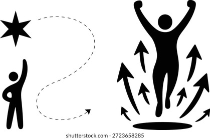 Silhouettenfiguren, die nach einem Stern greifen und in einer dynamischen Illustration mit erhobenen Armen feiern	
