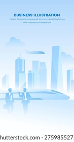 Silhouetted figures stand before a futuristic cityscape. Skyline glows softly with tall buildings and clouds. Subtle airplane flight adds motion to the scene. Business professionals appear focused