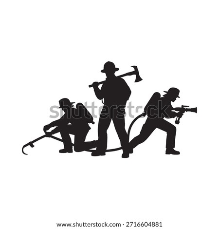 Silhouetted firefighters working as a team wielding tools and battling a blaze