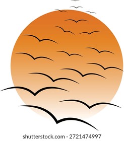 Rebanho de aves silhuetado escalando graciosamente através de um pôr do sol laranja vibrante simbolizando liberdade e natureza