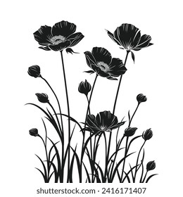 Silhouetted Floral Elegance, Three prominent flowers with detailed petals and centers