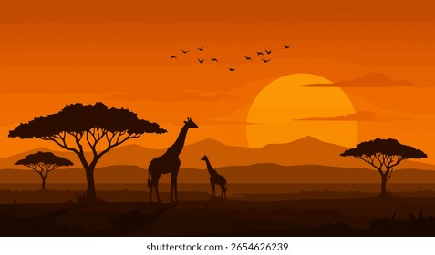 Silhouetted Giraffe Pair Beneath Acacia Trees in a Tranquil African Savanna Sunset with Vibrant Orange Sun and Distant Mountain Range