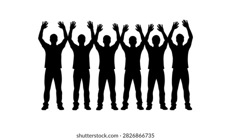 Silhouetted group of diverse individuals standing together with hands raised, symbolizing unity, celebration, teamwork, and collective achievement.