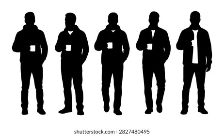 Silhouetted group of five businessmen in suits holding coffee cups, standing in a row, representing teamwork, professionalism, and corporate environment.
