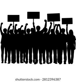 Silhouetted group of people protesting, holding blank signs during a demonstration or rally, emphasizing activism and collective voice.
