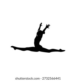 Gimnasta de silueta realizando un salto dividido sobre un fondo blanco