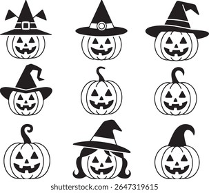 Silhouetted Halloween Pumpkins with Witch Hats and Spooky Faces for Festive Decorations and Holiday Celebrations