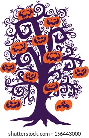 Silhouetted Halloween tree with no leaves, twisted branches and holding orange pumpkins which laughs, have fun and hangs as fruits