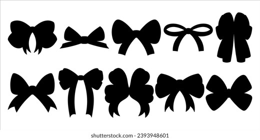 Silhouetted Hand Drawn Ribbon Bow Collection. Black Color Shape Perfect for Subtle Decorations. Vast Set of Stylish Bowties.