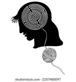 Silhouetted head of ancient Greek youth with round spiral maze or labyrinth symbol inside and yarn ball thread leading to it. Theseus or Ariadne. Creative concept. Black and white silhouette.