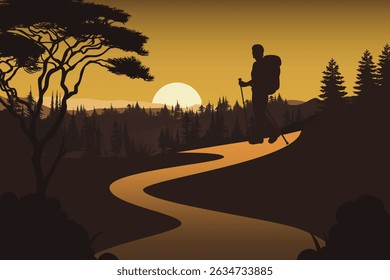 Silhouetted Hiker Walking Along a Winding Forest Trail at Sunset. A Glowing Sun, Pine Trees, and Mountainous Horizon in the Background. Scenic Outdoor Adventure and Nature Background Illustration.
