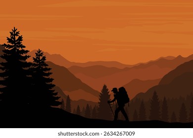 Silhouetted Hiker Walking with Backpack and Trekking Pole Through a Mountain Forest at Sunset, Surrounded by Trees, Layered Hills, and a Orange Evening Sky in the Background.