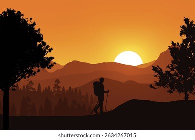 Silhouetted Hiker Walking with Backpack and Trekking Pole Through a Mountain Forest at Sunset, Surrounded by Trees, Layered Hills, and a Glowing Orange Sky in the Background.