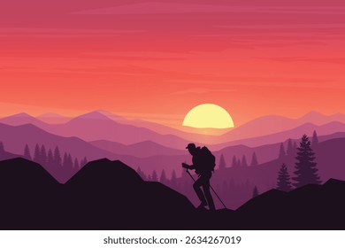 Silhouetted Hiker Walking Through a Mountain Terrain at Sunset, Surrounded by Forested Hills, Pine Trees, and a Glowing Evening Sky in the Background. Serene Outdoor Adventure Illustration.