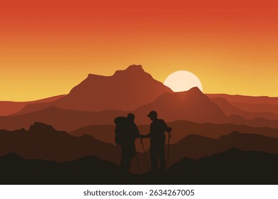 Silhouetted Hikers Standing on Mountain Peak at Sunset with Trekking Poles and Backpack. Majestic Mountain Ranges Under a Vibrant Evening Sky. Serene Nature Exploration Background Illustration.