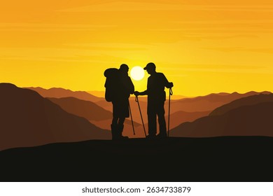 Silhouetted Hikers Standing on a Mountain Ridge at Sunset with Trekking Poles and Backpacks. Layered Hills and a Glowing Golden Sky in the Background. Stunning Nature Landscape Illustration.