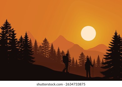 Silhouetted Hikers Trekking Through a Mountain Forest at Sunset. Rolling Hills, Pine Trees, and a Glowing Sun on a Warm Dusk Horizon. Scenic Outdoor Adventure and Nature Landscape Illustration.