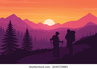 Silhouetted Hikers Trekking Through a Mountain Forest at Sunset. Rolling Hills, Pine Trees, and a Setting Sun on a Warm Dusk Horizon. Scenic Outdoor Adventure and Nature Landscape Illustration.