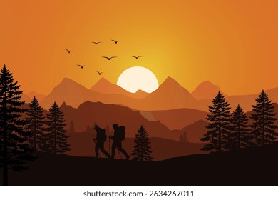 Silhouetted Hikers Walking Through Mountain Forest at Sunset, Surrounded by Pine Trees, Majestic Peaks, and Flying Birds Under a Glowing Orange Sky. Scenic Outdoor Adventure Background Illustration.