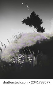 silhouetted hillside with grass and tree