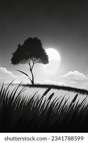 silhouetted hillside with grass and tree