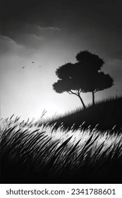 silhouetted hillside with grass and tree