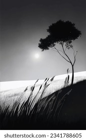 silhouetted hillside with grass and tree